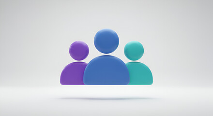 Minimalist 3D rendering of a group of people in blue and purple tones