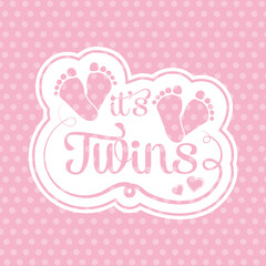 It's twin girls icon. Baby twin girl announcement. baby feet with hearts celebrating the birth of a twin daughters for greeting card