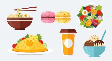Assorted delicious food and drinks, including ramen, salad, macarons, crepe, ice cream, and coffee.
