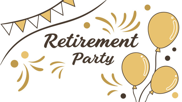Retirement party themed design with balloons, confetti, and a celebratory banner for a festive occasion
