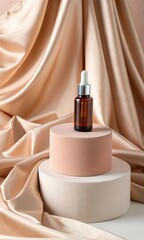 Elegant skincare product displayed on textured fabric in soft pastel colors.