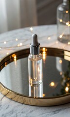 Elegant skincare serum on a reflective surface surrounded by warm lights.