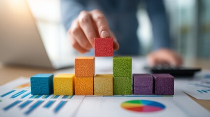 Financial planner arranging colorful asset blocks on desk in office