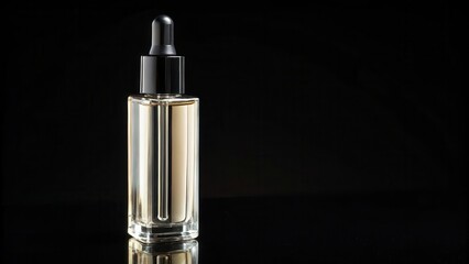 Clear glass dropper bottle with liquid against a black background.