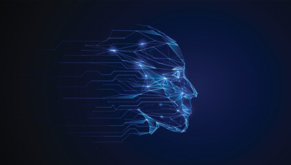 Ai digital human face composed of glowing blue lines, symbolizing artificial intelligence and human-computer interaction.