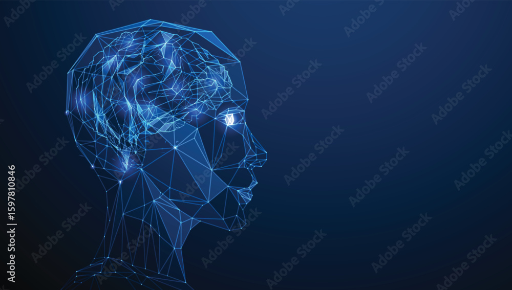Poster abstract digital human head with glowing brain, representing artificial intelligence, machine learni