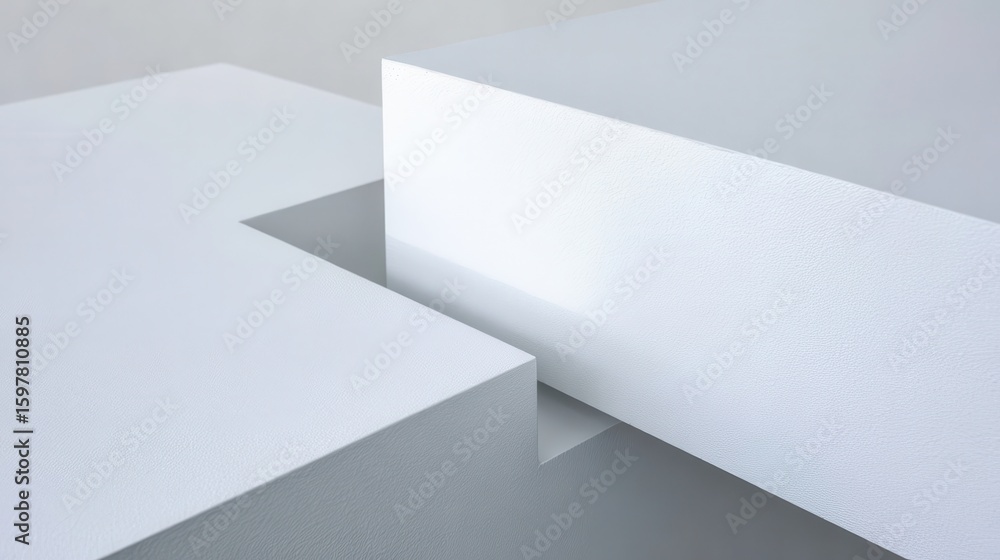 Poster pristine white geometric forms intersecting, creating angular architectural pattern highlighting min