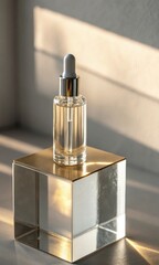 A glass dropper bottle on a reflective surface with soft sunlight illuminating it.