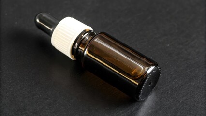 Brown glass dropper bottle on a dark background, commonly used for essential oils or liquids.