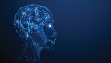 Abstract digital human head with glowing brain, representing artificial intelligence, machine learning, and neural networks. Concept of futuristic technology and innovation. Vector EPS10.