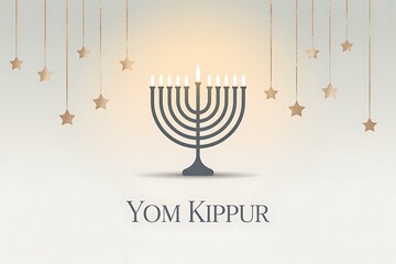 Elegant menorah with lit candles and hanging golden stars on a soft gradient background with text Yom Kippur, symbolizing Jewish holiday.