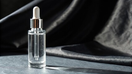 Clear glass dropper bottle on dark fabric with soft lighting.