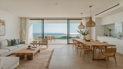 Modern coastal interior design with panoramic ocean views featuring living and dining areas natural light and elegant decor