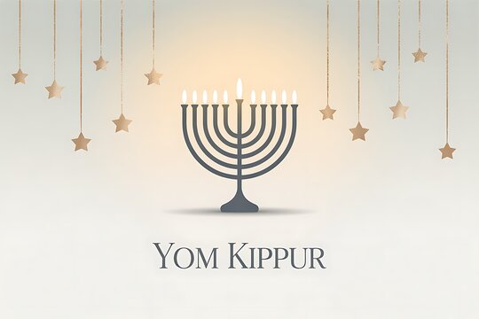 Elegant menorah with lit candles and hanging golden stars on a soft gradient background with text Yom Kippur, symbolizing Jewish holiday.