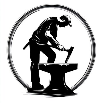 recommend clip art: Black and white illustration of a blacksmith working at an anvil