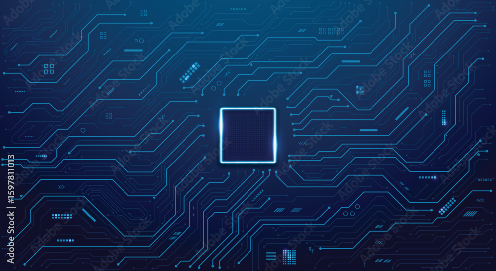 Poster futuristic circuit board with glowing central processor, symbolizing ai, big data, and high-tech com