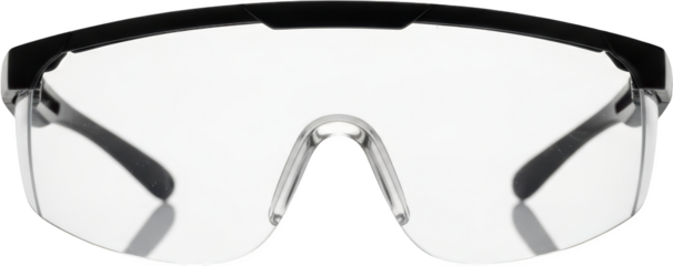 Close up view of clear protective eyewear with black frame and transparent lenses isolate