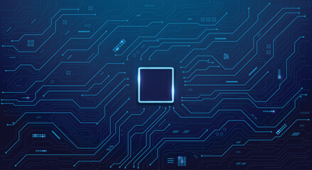 Futuristic circuit board with glowing central processor, symbolizing AI, big data, and high-tech computing. Digital technology background. Vector EPS10.