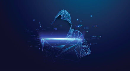 Polygonal hacker figure with laptop, symbolizing cybersecurity, data breach, and digital crime. Abstract network background. Vector EPS10.