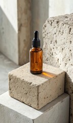 Amber glass bottle on textured stone blocks with soft lighting highlights its elegance and simplicity.
