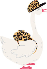 Goose in a baseball cap and with a backpack with leopard print on a white background. Vector Trendy hipster farm bird character. Perfect for kids designs, stickers, prints, cards,and humor project
