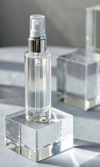 Elegant perfume bottle on a clear glass base, with soft lighting and reflections.