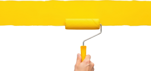 Hand Holding A Yellow Paint Roller Applying A Stripe Of Yellow Paint Across A Transparent Background Isolate
