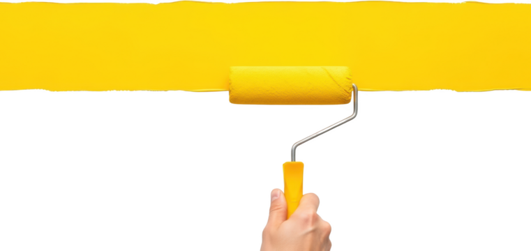 Hand Holding A Yellow Paint Roller Applying A Stripe Of Yellow Paint Across A Transparent Background Isolate