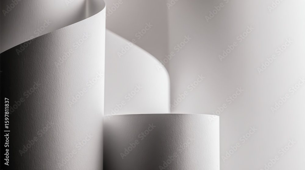Aufkleber macro view of tightly rolled white paper, revealing intricate curves and shadows, forming minimalist