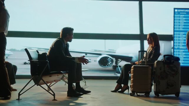 A business man and woman sit in the airport waiting area, conversing with each other as they await their flight. Luggage is present.