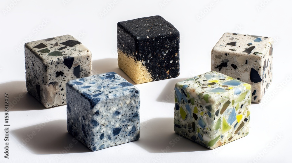 Poster terrazzo cubes in diverse colors and surface patterns arranged symmetrically, highlighting architect