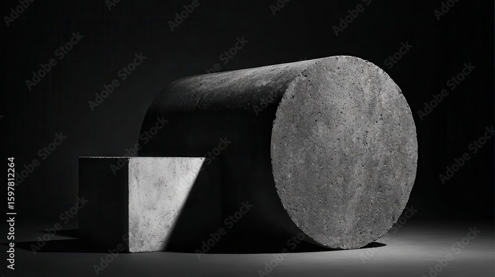 Poster concrete geometric shapes casting sharp shadows against dark surface, minimalist composition emphasi
