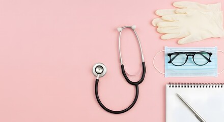 Medical supplies including stethoscope glasses and gloves on a pink background.