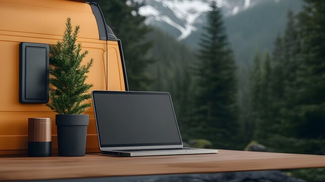 Open laptop potted evergreen plant and speaker on a wooden table Orange camper van and green mountain forest are in view