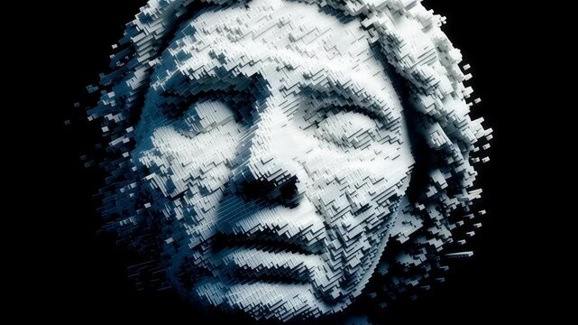 Disintegrating stone sculpture of human face on black background. Artistic decay concept. Ancient relic eroding. Digital art for book cover or album artwork.