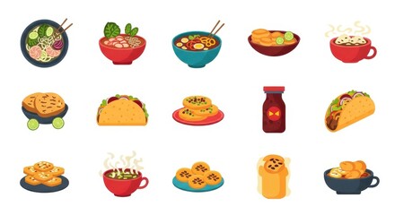 A vibrant collection of diverse international food icons, showcasing various dishes and beverages in bowls, cups, and plates.