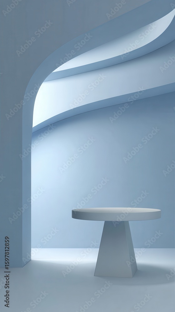 Poster soft light filters through the arched openings, illuminating the pedestal and enhancing the tranquil