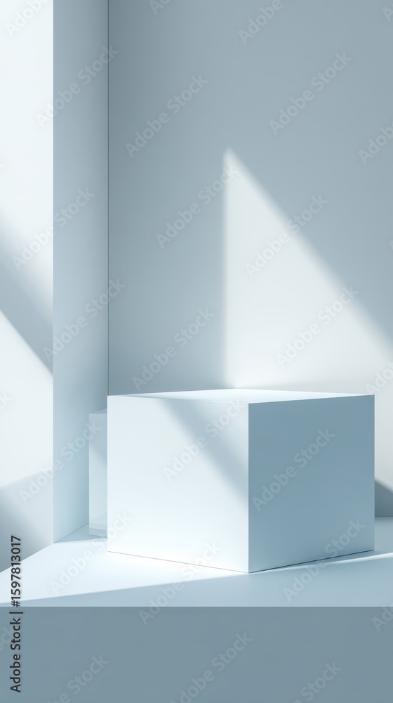 Aufkleber empty white pedestal for product presentation illuminating by sunlight passing through window in lig