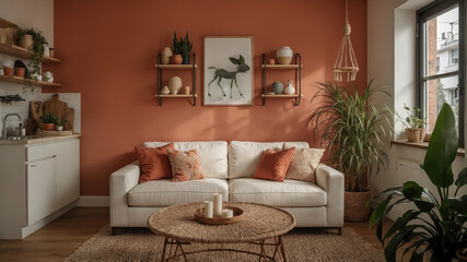 Obraz premium Cozy living room interior design with earth tones and natural elements showcasing relaxation and home comfort