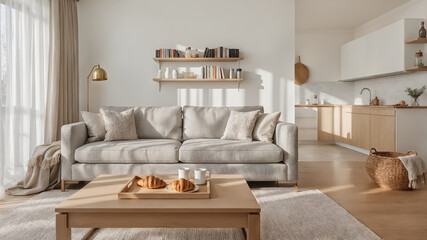Cozy living room interior with neutral tones and breakfast tray creating a relaxing atmosphere with natural sunlight