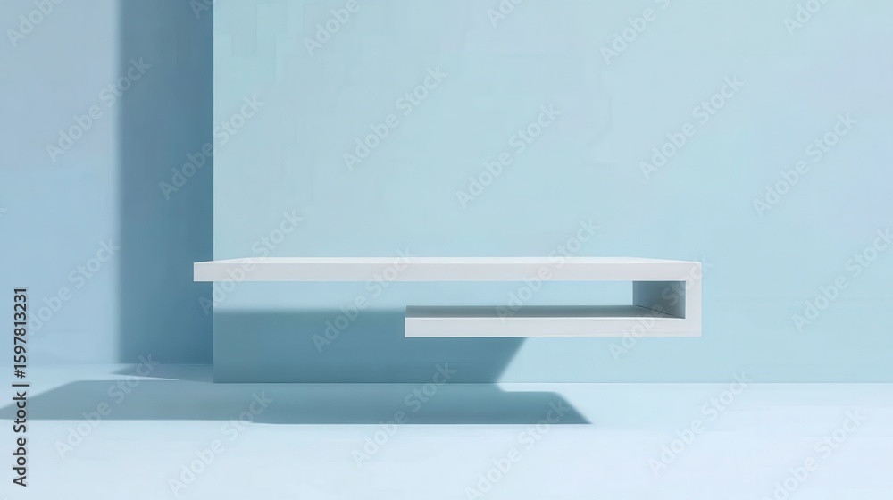 Poster white floating shelf suspending against pale blue wall, casting soft shadow in minimalist studio env