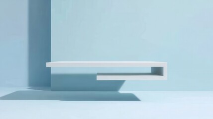 White floating shelf suspending against pale blue wall, casting soft shadow in minimalist studio environment, highlighting clean design and potential product display area