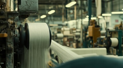 Close-up of a large industrial textile machine with spools of white thread, in a factory setting.