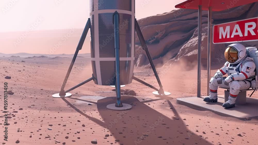 Poster astronaut in white spacesuit sitting at mars bus stop with rocket and rocky terrain in background. d