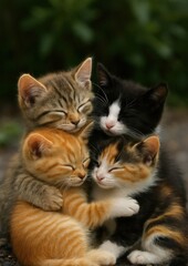 Adorable kittens cuddling together peacefully.