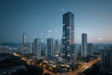 Naklejka premium Urban dusk: the intersection of sleep quality and digital data. Sleep interventions. Exploring the impact of environment on sleep in assisted living facilities. Nighttime peace. Restful sleep.