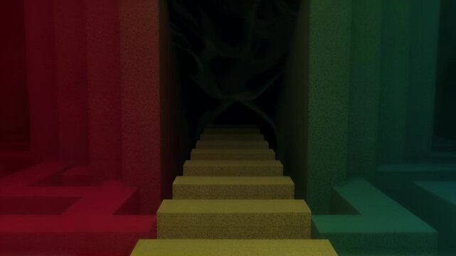Colorful glowing maze with yellow path leading to dark doorway. Mysterious neon labyrinth concept. Abstract digital art for game design and virtual reality experience.
