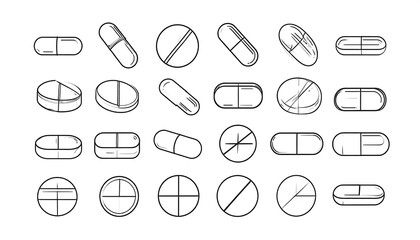 Various outline medical pills and capsules