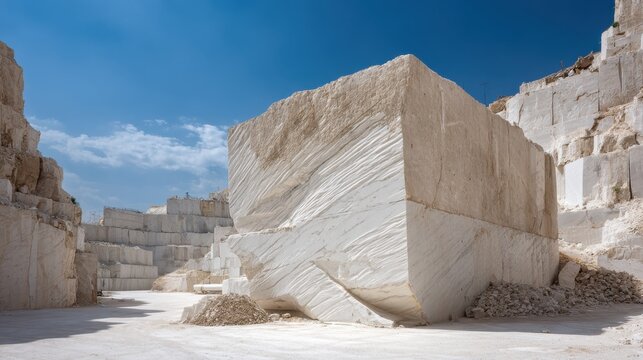 Huge raw marble block extracted from an open pit mine, displaying intricate mineral veins and distinct layers under a bright sun, framed by a clear blue sky and fluffy clouds