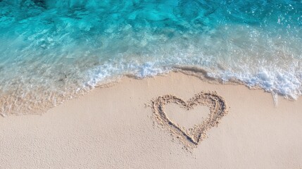 Pristine turquoise waves lapping white sandy shore, heart shaped design etched near shoreline, conveying romantic tropical tranquility